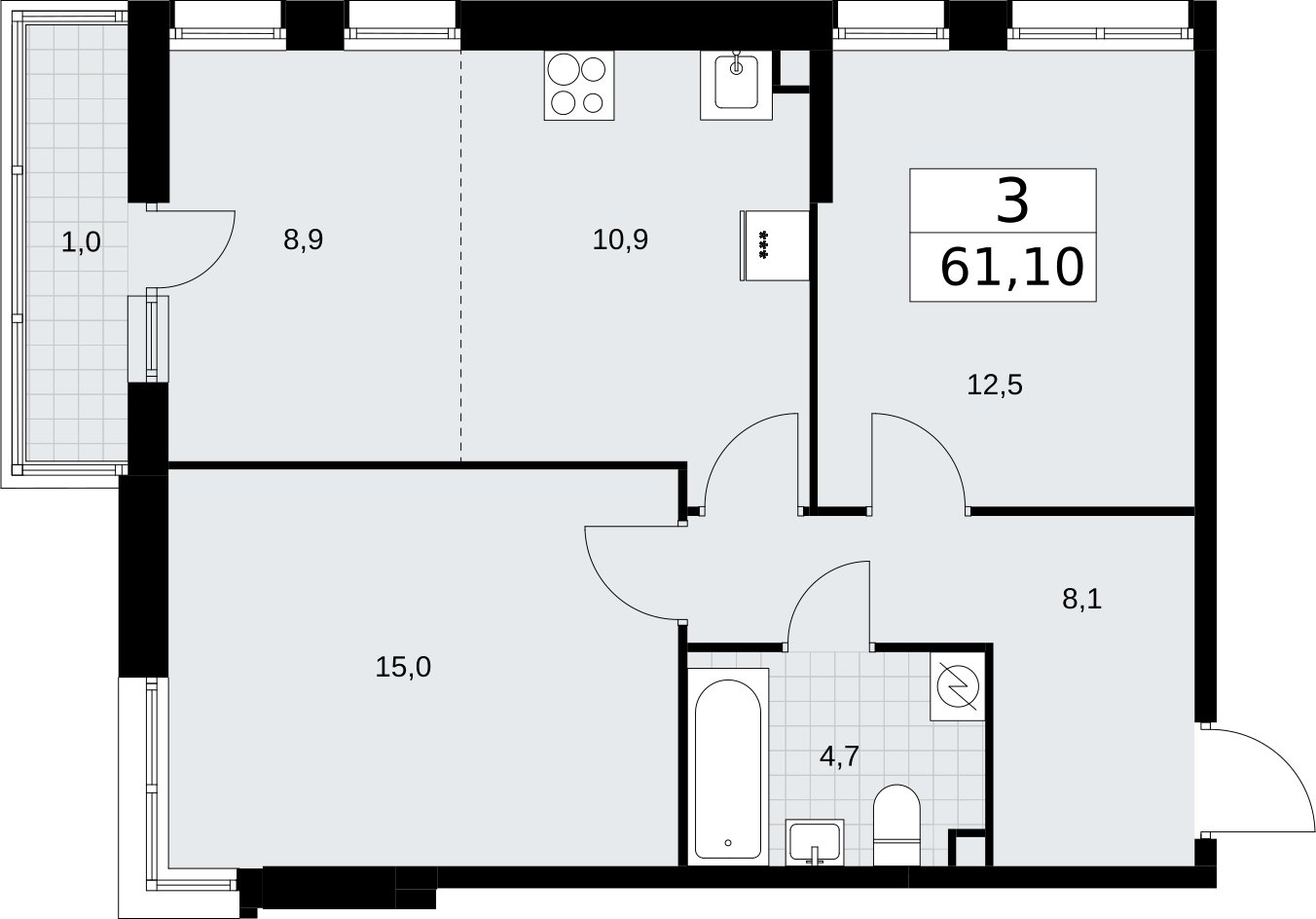 3-комнатная квартира (евро) без отделки, 61.1 м2, 2 этаж, сдача 3 квартал 2026 г., ЖК Родные кварталы, корпус 3.4 - объявление 2378646 - фото №1