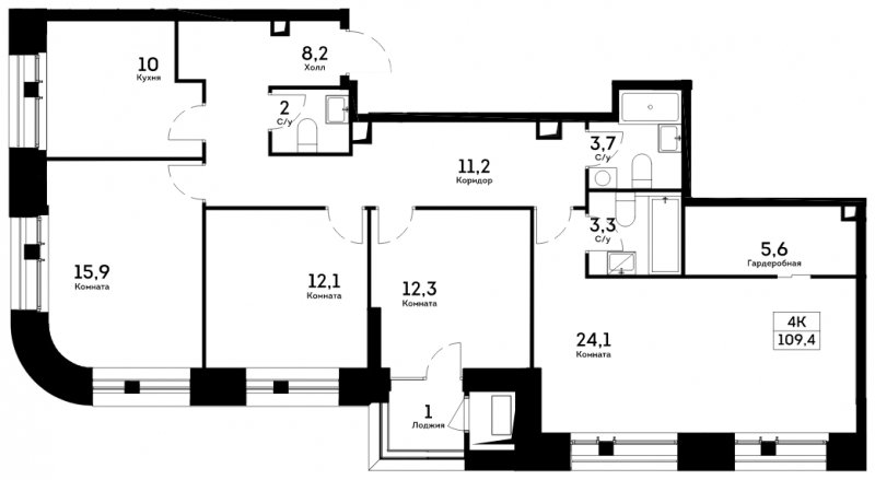 4-комнатная квартира без отделки, 109.4 м2, 14 этаж, сдача 4 квартал 2022 г., ЖК Квартал на набережной NOW, корпус 1.4 - объявление 1586149 - фото №1