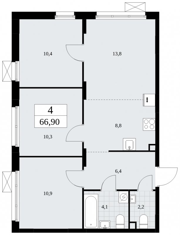 4-комнатная квартира (евро) без отделки, 66.9 м2, 2 этаж, сдача 2 квартал 2025 г., ЖК Дзен-кварталы, корпус 2.4 - объявление 1932818 - фото №1