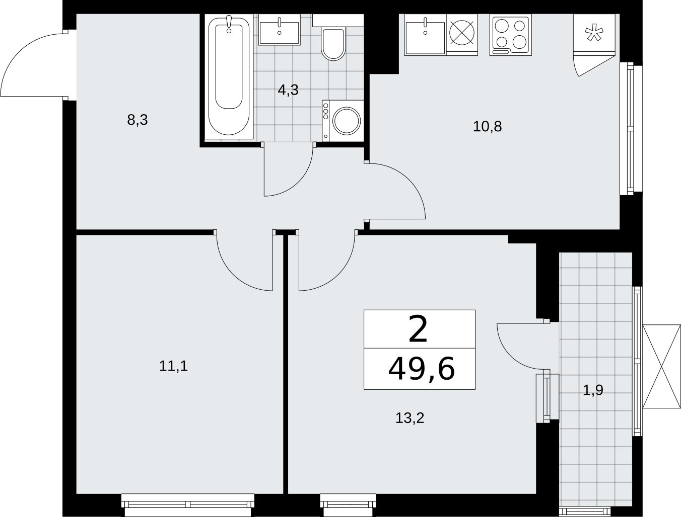 2-комнатная квартира без отделки, 49.6 м2, 3 этаж, сдача 2 квартал 2026 г., ЖК Бунинские кварталы, корпус 7.4 - объявление 2314036 - фото №1