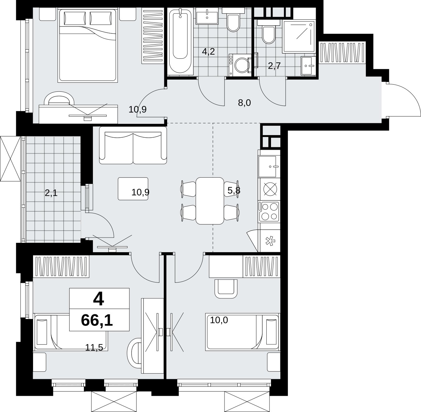 4-комнатная квартира (евро) без отделки, 66.1 м2, 11 этаж, сдача 4 квартал 2026 г., ЖК Скандинавия, корпус 2.18.2.6 - объявление 2351798 - фото №1