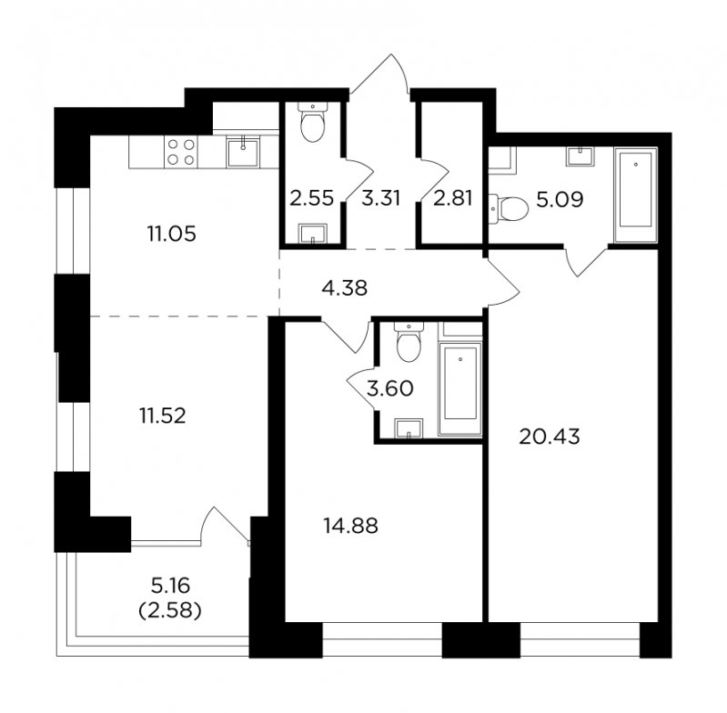 3-комнатная квартира без отделки, 82.2 м2, 16 этаж, сдача 4 квартал 2023 г., ЖК FORIVER, корпус 5 - объявление 1748109 - фото №1